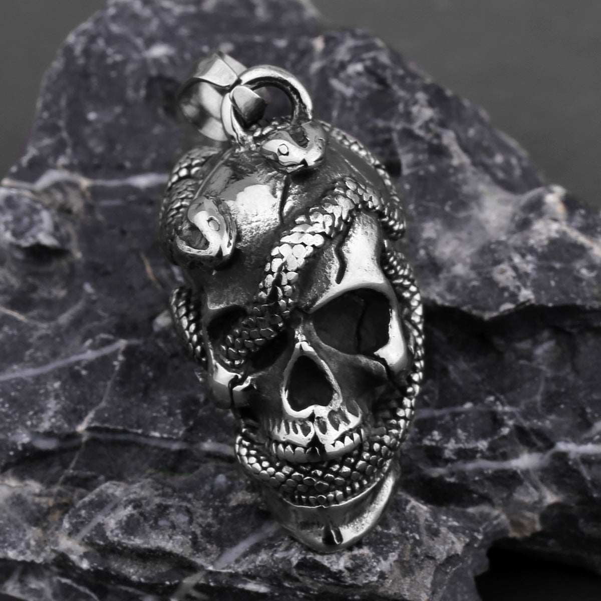 Personality Snake Head Skull Titanium Steel Pendant For Men
